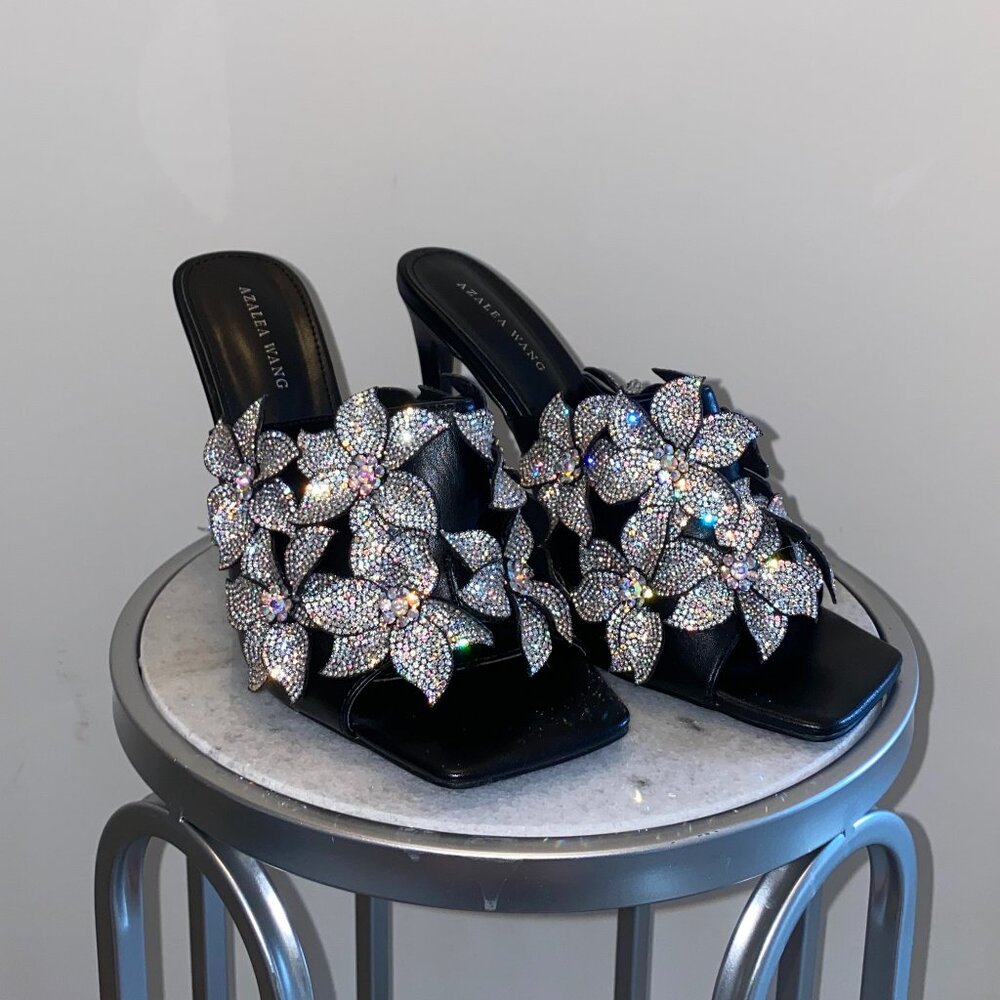 Statement Crystal Floral Mule Heels Square Toe